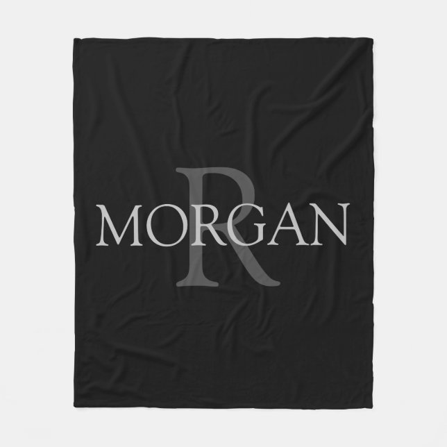 DIY Monogram & Name, Trendy Black with Grey Text Fleece Blanket (Front)
