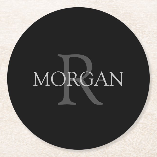 DIY Monogram & Name, Trendy Black with Grey Text Round Paper Coaster (Front)