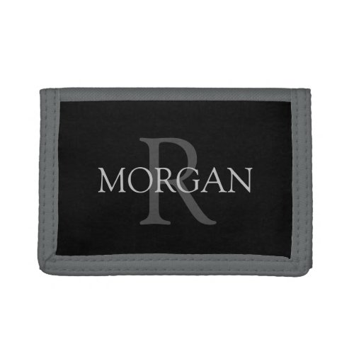 DIY Monogram  Name Trendy Black with Grey Text Trifold Wallet