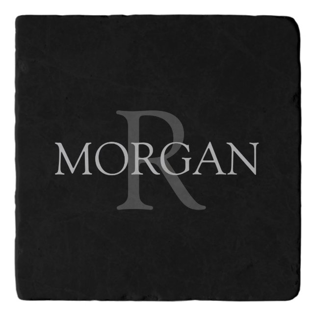 DIY Monogram & Name, Trendy Black with Grey Text Trivet (Front)