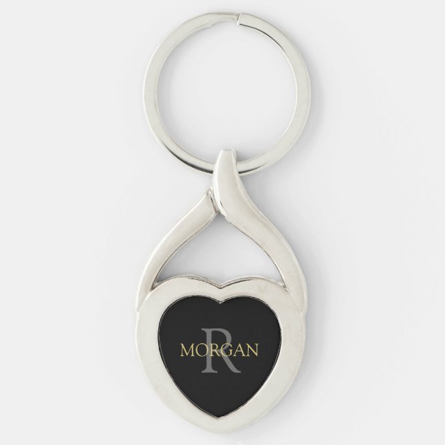 DIY Monogram & Name, Trendy Gold& Grey Text, Black Keychain (Front)