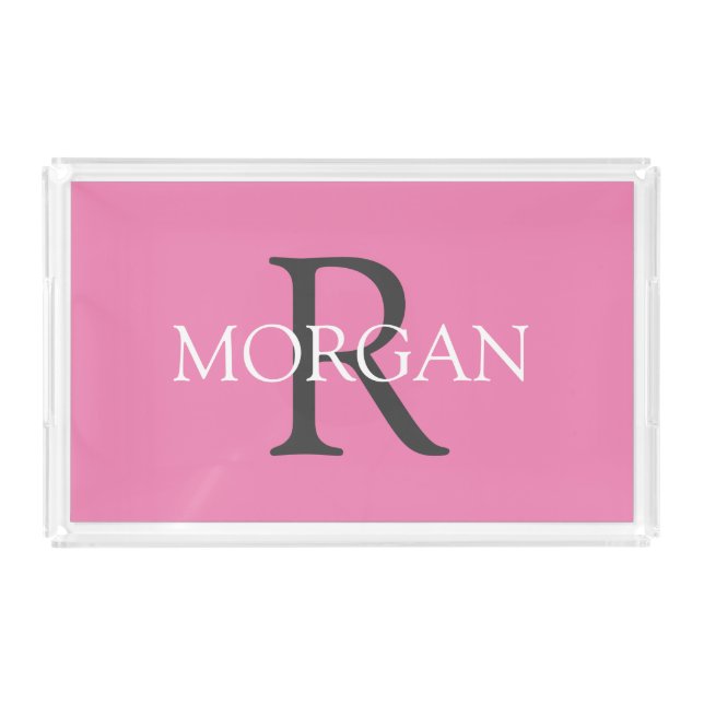 DIY Monogram & Name, Trendy Grey Text On White Acr Acrylic Tray (Front)