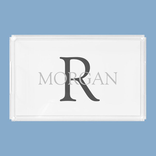 DIY Monogram & Name, Trendy Grey Text On White Acrylic Tray (Creator Uploaded)
