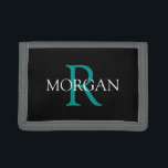 DIY Monogram & Name, Trendy Teal & White Text Trifold Wallet<br><div class="desc">Personalize with your Monogram and Name In Teal and White Text on black background. Click “Customize” to change colors and type styles.</div>