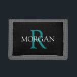 DIY Monogram & Name, Trendy Teal & White Text Trifold Wallet<br><div class="desc">Personalize with your Monogram and Name In Teal and White Text on black background. Click “Customize” to change colors and type styles.</div>