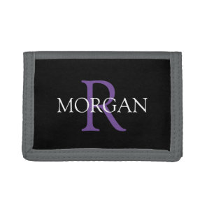 DIY Monogram & Name, Trendy White & Purple Text Tri-fold Wallet