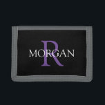 DIY Monogram & Name, Trendy White & Purple Text Trifold Wallet<br><div class="desc">Personalize with your Monogram and Name In Purple and White Text on black background. Click “Customize” to change colors and type styles.</div>