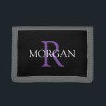 DIY Monogram & Name, Trendy White & Purple Text Trifold Wallet<br><div class="desc">Personalize with your Monogram and Name In Purple and White Text on black background. Click “Customize” to change colors and type styles.</div>