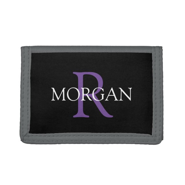 DIY Monogram & Name, Trendy White & Purple Text Trifold Wallet (Front)