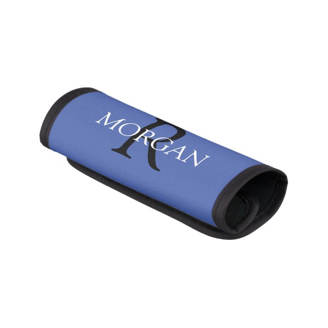 DIY Monogram & Name, White & Black Text, Med Blue Luggage Handle Wrap (Angled)