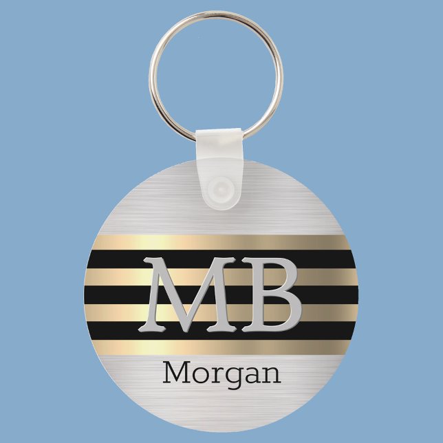 DIY Monogram & Name, Yel Gold Brushed Steel Black Keychain (Creator Uploaded)