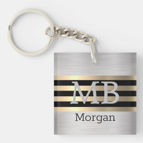 DIY Monogram  Name Yel Gold Brushed Steel Black Keychain