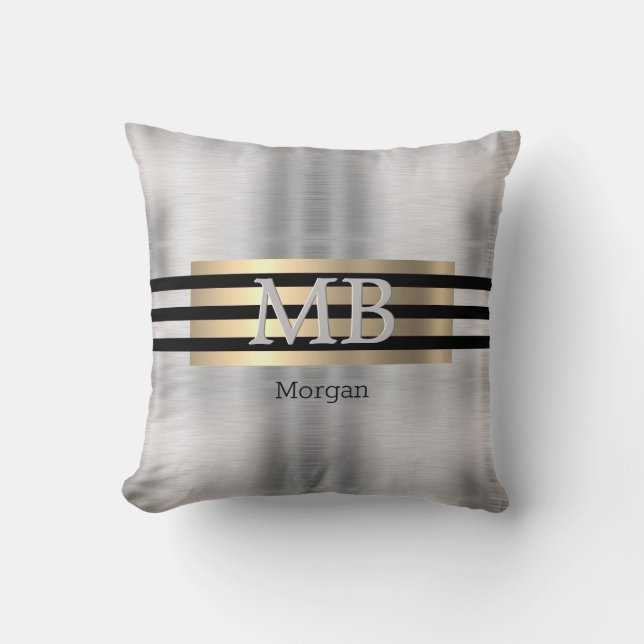 DIY Monogram & Name, Yel Gold Brushed Steel Black Throw Pillow (Front)