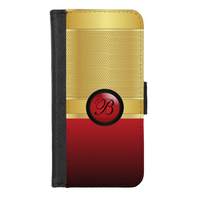 DIY Monogram Red and Gold Mesh iPhone Wallet Case (Front)