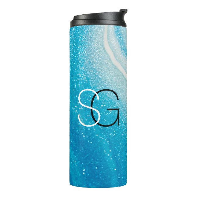 DIY Monogram Wh& Blk, Blue & White Agate Thermal Tumbler (Rotated Left)