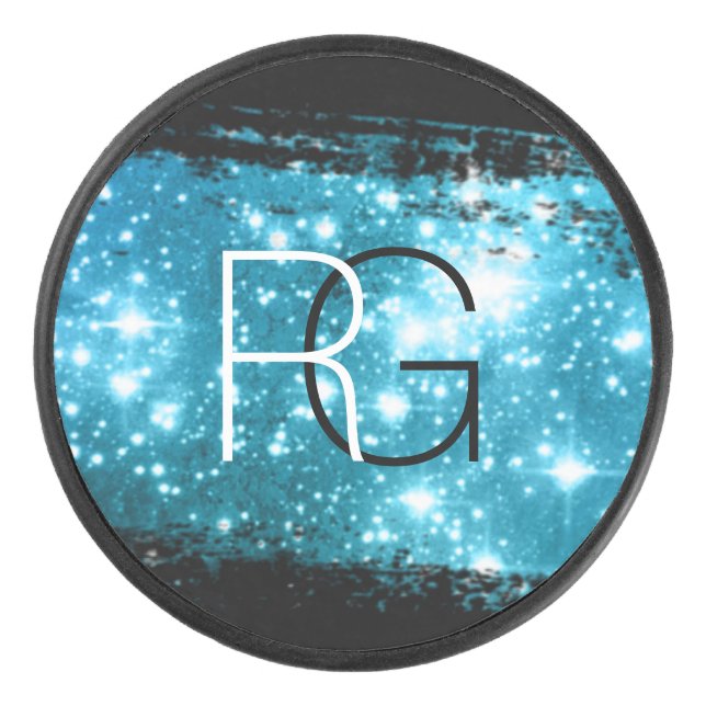 DIY Monogram White & Black, Stardust Brush Stroke Hockey Puck (Front)