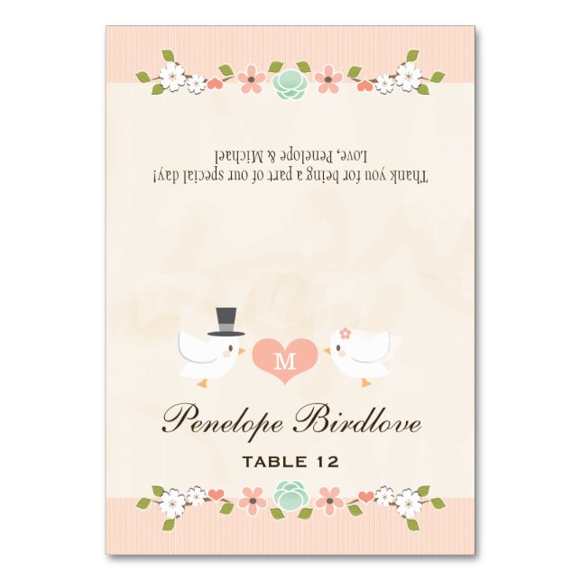 DIY Monogrammed Blush Love Birds Tent Place Cards (Front)