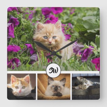 Diy My Pet Cat | 4 Photo Collage With Monogram Square Wall Clock by petcherishedangels at Zazzle