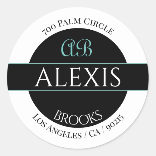 DIY Name Address Monogram White Black  Teal Classic Round Sticker