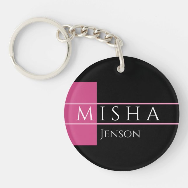DIY Name, Black Background, Fuchsia Pink White Keychain (Front)