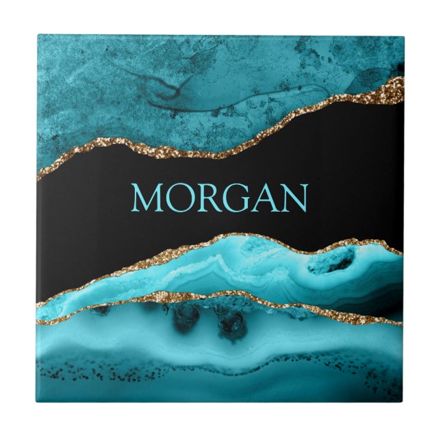 DIY Name, Black, Gold & Teal Agate Ceramic Tile (Front)