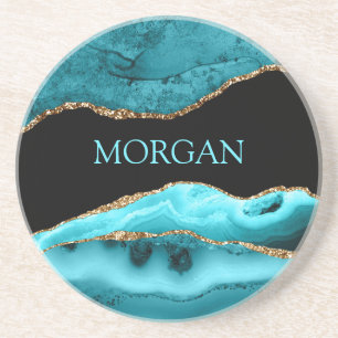 DIY Name, Black, Gold & Teal Agate Coaster