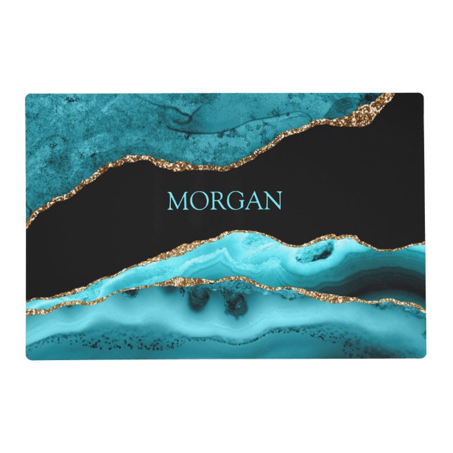 DIY Name, Black, Gold & Teal Agate Placemat (Front)