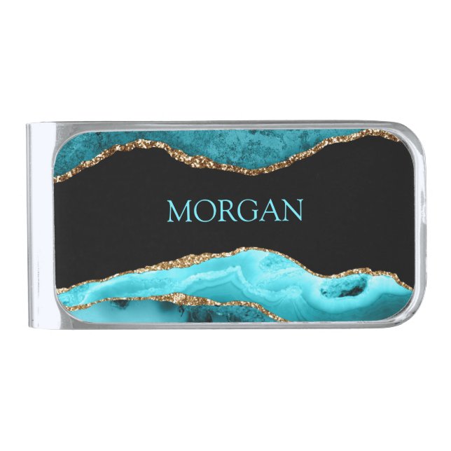 DIY Name, Black, Gold & Teal Agate Silver Finish Money Clip (Front)
