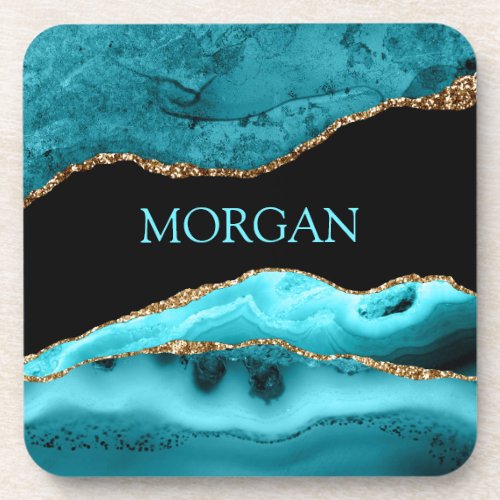 DIY Name Black Gold  Teal Agate Square Beverage Coaster