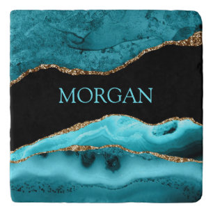 DIY Name, Black, Gold & Teal Agate Square Trivet
