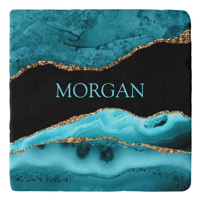 DIY Name, Black, Gold & Teal Agate Square Trivet (Front)
