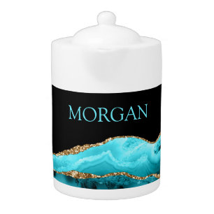 DIY Name, Black, Gold & Teal Agate Teapot