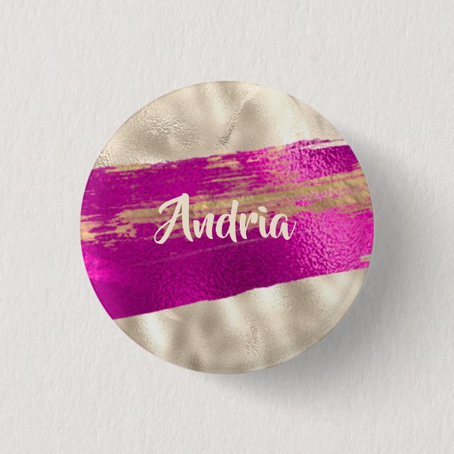 DIY Name Brush Text Fuchsia Platinum Faux Metallic Button (Front)