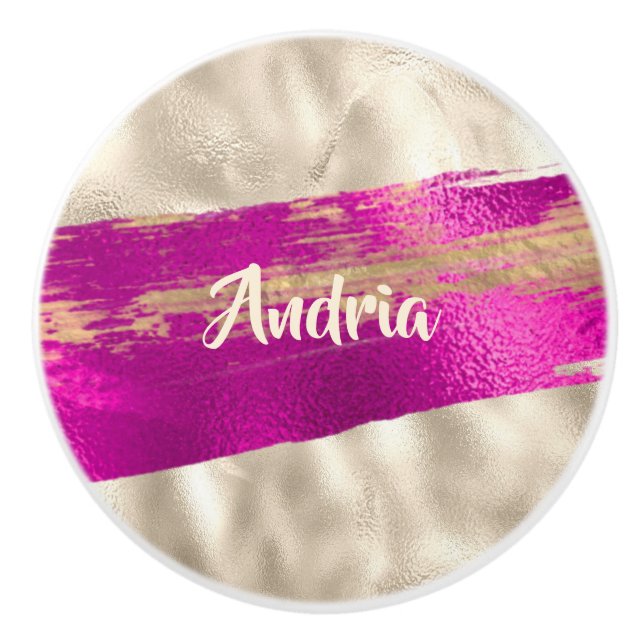 DIY Name Brush Text Fuchsia Platinum Faux Metallic Ceramic Knob (Front)