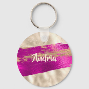 DIY Name Brush Text Fuchsia Platinum Faux Metallic Keychain