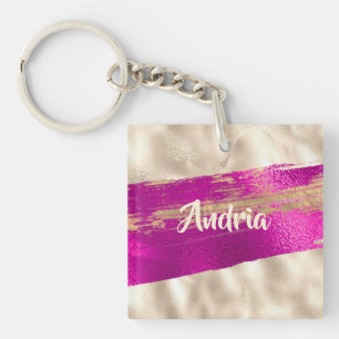 DIY Name Brush Text Fuchsia Platinum Faux Metallic Keychain
