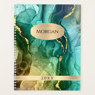DIY Name & Date, Teal & Gold Ink Abstract, Vs 2 Planner