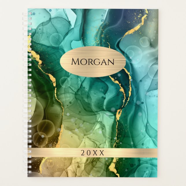 DIY Name & Date, Teal & Gold Ink Abstract, Vs 2 Planner (Front)
