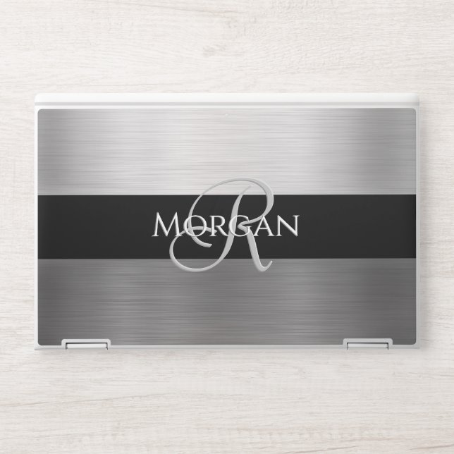 DIY Name & Initial, Brushed Steel, Black Stripe HP Laptop Skin (Front)