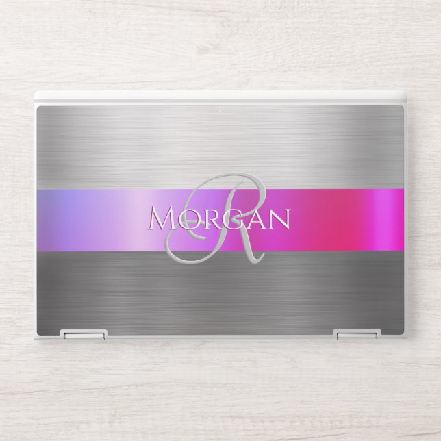 DIY Name & Initial Brushed Steel Purple Pink Metal HP Laptop Skin (Front)