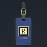 DIY Name & Monogram, Black & Gold Box, Deep Blue Luggage Tag<br><div class="desc">Personalize your name in gold and monogram in black on trendy Gold Box with black border on Deep Blue background. Contact info on back. Click “Customize” to change colors and type styles</div>