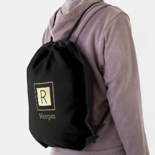 DIY Name & Monogram, Black & Gold Box Drawstring Bag