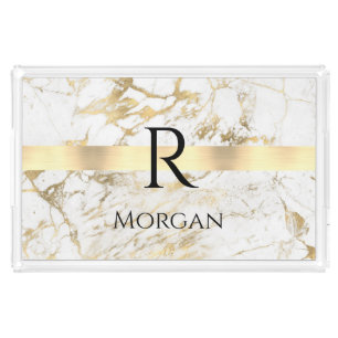 DIY Name & Monogram Blk Text, White & Gold Marble Acrylic Tray