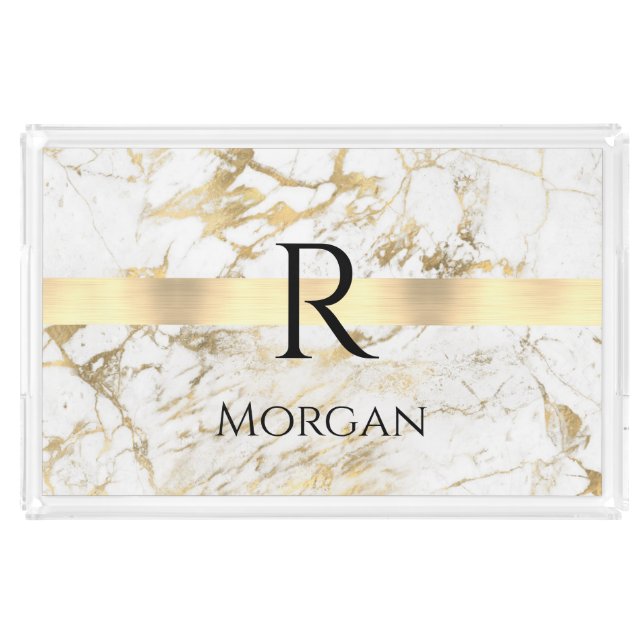  DIY Name & Monogram Blk Text, White & Gold Marble Acrylic Tray (Front)