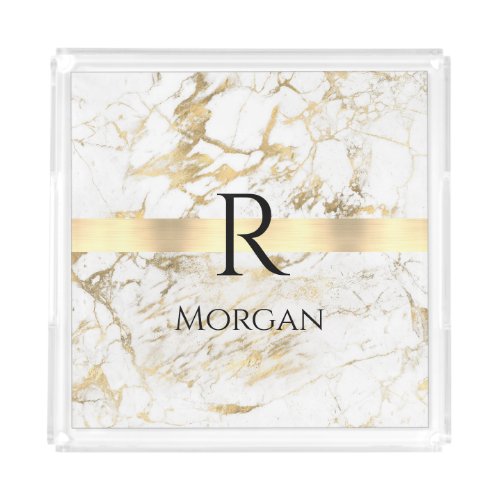  DIY Name  Monogram Blk Text White  Gold Marble Acrylic Tray