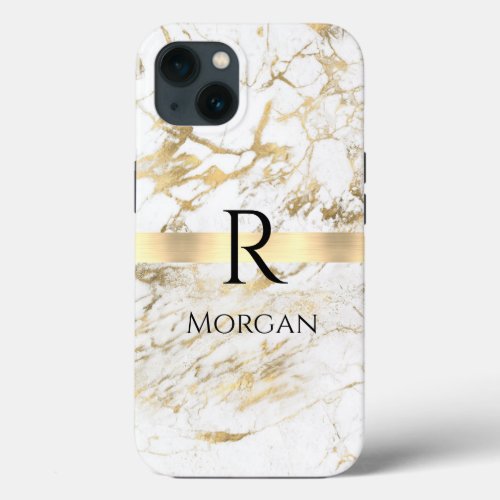  DIY Name  Monogram Blk Text White  Gold Marble iPhone 13 Case