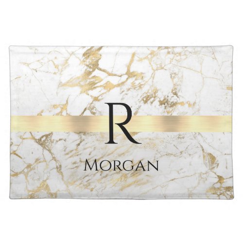  DIY Name  Monogram Blk Text White  Gold Marble Cloth Placemat