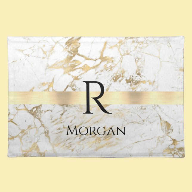  DIY Name & Monogram Blk Text, White & Gold Marble Cloth Placemat (Creator Uploaded)