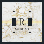 DIY Name & Monogram Blk Text, White & Gold Marble Light Switch Cover<br><div class="desc">Personalize your name and monogram in black on Gold Bar over White and Gold Marble. Click “Customize” to change colors and type styles.</div>