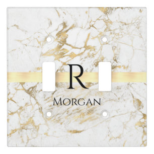 DIY Name & Monogram Blk Text, White & Gold Marble Light Switch Cover